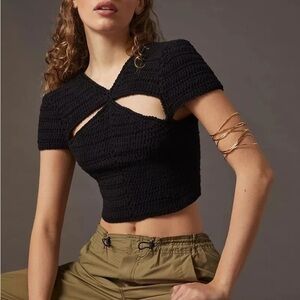 ANTHROPOLOGIE TACH CLOTHING LARA HANDKNIT CROCHET CUTOUT SWEATER TOP BLA…